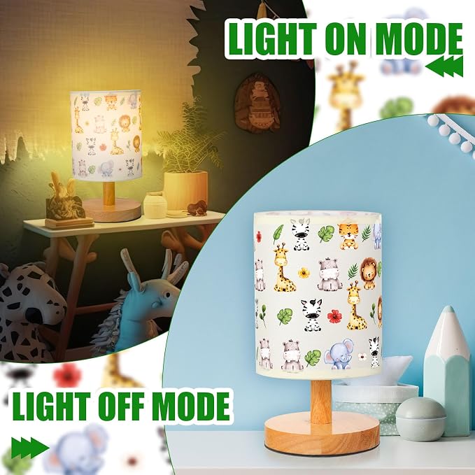 Safari Animal Kids Table Lamp for Bedroom Kids Bedside Lamp with Linen Wooden Nightstand Cartoon Nursery Lampshade for Girls Boys Living Room
