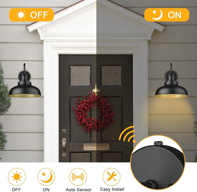 Dusk to Dawn Outdoor Barn Lights Outdoor Wall Sconces Farmhouse Exterior Wall Mount Light Vintage Outside Lighting Fixture Industrial Black Lanterns for Porch Garage Shed Patio, 2 Pack
