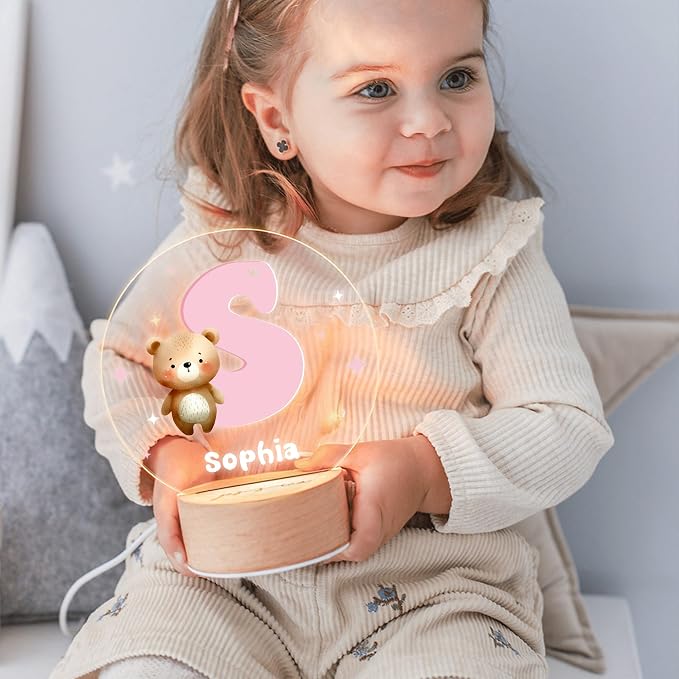 Personalized Cute Cartoon Animals Night Light, Custom Name and Initial Led Light with Wooden Base Nursery Decor Gift for Kids