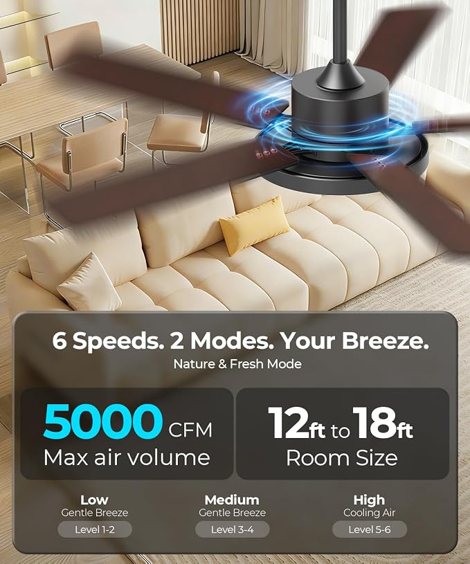 RGBCW Smart 52" 2600LM LED Ceiling Fan Light with Remote, Black | Alexa/Google/App Control, Reversible DC Motor, 6 Speeds & 2 Fan Modes, Dimmable, Quiet Fan for Bedroom, Living & Gaming Room