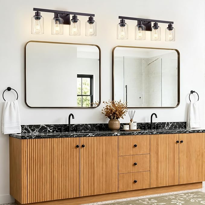 Oil Rubbed Bronze Vanity Lights for Bathroom,4-Light 24" | Bathroom Light Fixtures,Modern Bronze Bathroom Lighting over Mirror,Clear Glass Shades,over Sink