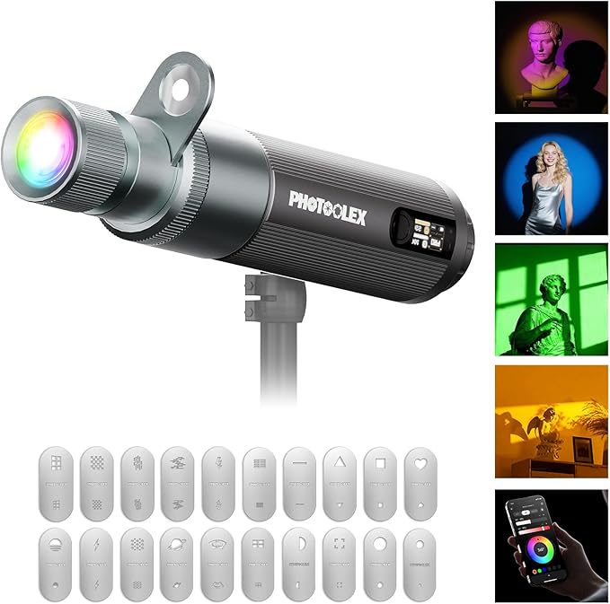 PHOTOOLEX PRO 12W Portable RGB Photography Spotlight, 360 ° Full Color Photography Flashlight Gobo Light, Conical Optical Snoot Kit with 20 Metal Filters/9000mAh/3 Lens/CRI 96+/12 Effects, APP Control