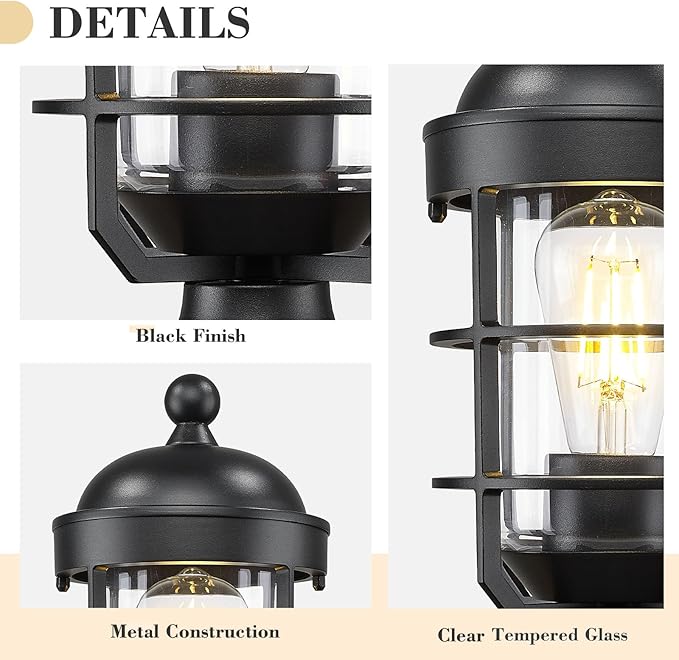 Emliviar 2 Pack Outdoor Post Pier Lights, 14.4" Light Posts for Outside in Black Finish, Clear Tempered Glass Pole Lighting for Garden, GE255P-L-2 BK