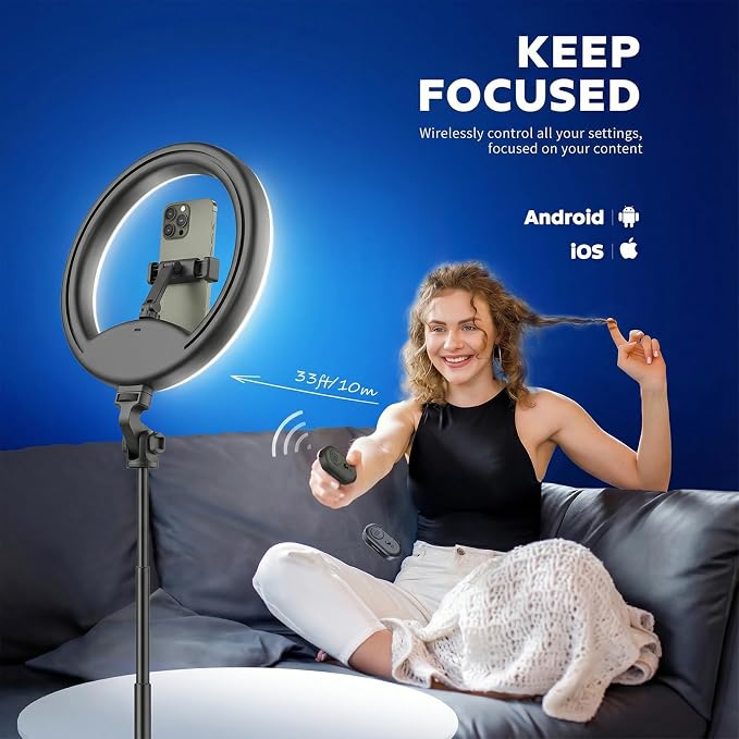 10''Selfie Ring Light with 64''Tripod Stand,Rechargeable Ring Light with Phone Holder and Remote Control,Adjustable Color Temperature and Brightness,5000mAh Battery,Live Streaming,Makeup,Travel,Gaming