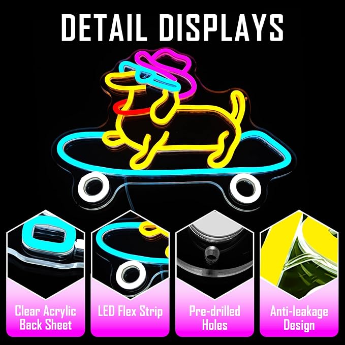 Skateboard Dog Neon Sign Dog Neon Lights for Wall Decor Dimmable Animal Led Signs for Bedroom Cool Dachshund Neon Light Sign Decoration for Pet Shop Party Bar