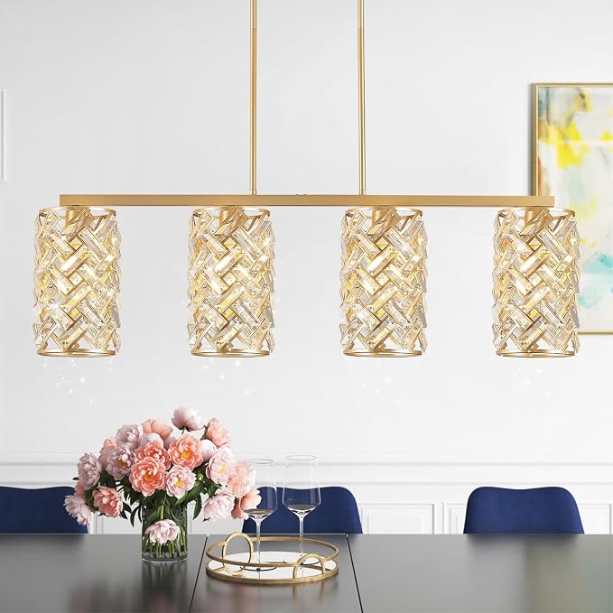 CATINER 40" Gold Crystal Linear Chandelier, 4-Light Kitchen Island Pendant | 40-inch gold crystal linear chandelier with adjustable height, 4 E26 lights, dimmable for kitchen islands and dining rooms