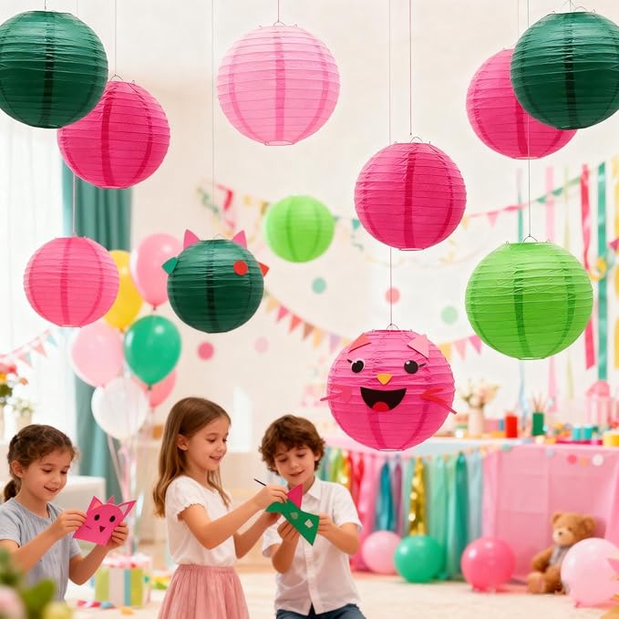 Hot Pink Green and Pink Paper Lanterns 12Pcs Hanging Round Paper Lanterns Decorative for Graduation Baby Shower Wedding Birthday Family Parties ﻿