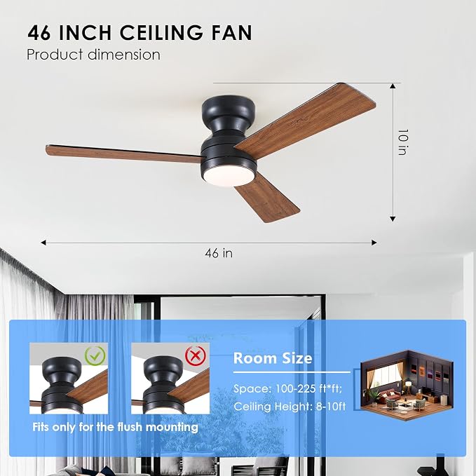 Asyko 46" Brown Modern Low Profile Ceiling Fans with LED Lights and Remote | Flush Mount,Reversible 6 Wind Speeds, Dimmable 3 CCT LED Light, 25W Quiet DC Motor,3 Double-Sided Blades,for Bedroom Kitchen