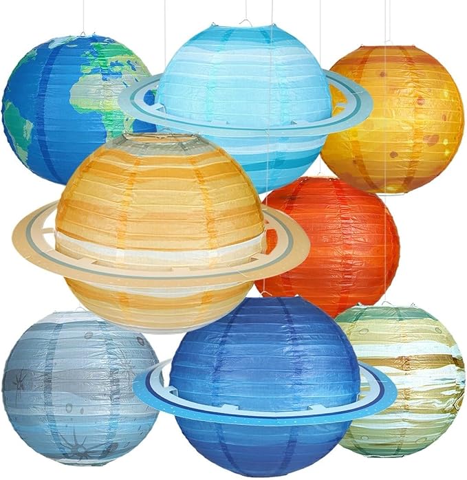 8pcs Planet Paper Lanterns, 12 Inch Outer Space Party Decorations | Solar System Hanging Planets Lantern, for Kids, Space Theme Party, Birthday Room Decorations