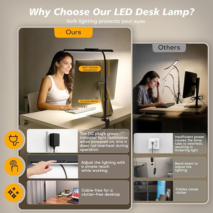 LED Desk Lamp for Office Home, Stepless Dimming Architect Desk Light with DC Adapter, Eye-Caring Desk Lamp with Clamp, 25 Lighting Modes Adjustable 12.8in Flexible Gooseneck for Workbench(Black)