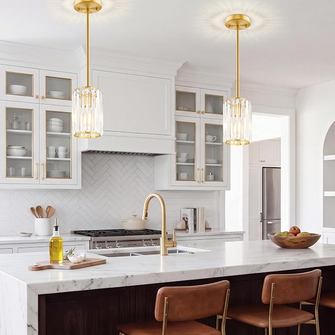 Gold Pendant Light, Modern Crystal Pendant Lights Kitchen Island, Kitchen Island Lighting with Adjustable Height, UL Certified Island Lights for Kitchen Dining Room Bedroom Hallway 2 Pack