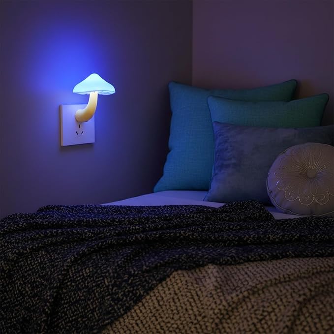 LED Mushroom Night Light Plug in Lamp Blue, 2 Pack Light Sensor Night Lights Plug into Wall, Dusk to Dawn Sensor Night Light for Adults Kids Room Bedroom Bathroom Hallway Kitchen
