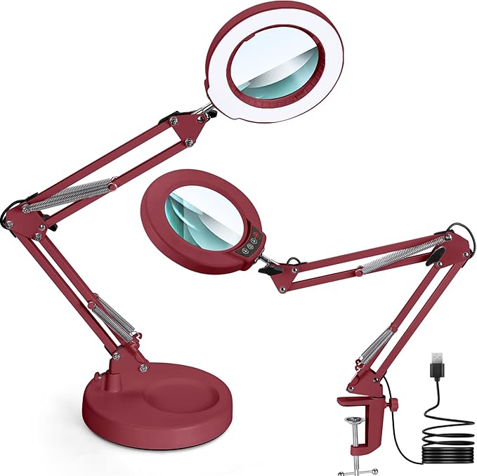 12X Magnifying Glass with Light and Stand, Upgrade Button 5 Color Modes Stepless Dimmable, 2-in-1 LED Lighted Magnifier Light, Hands Free Desk Lamp with Clamp for Craft Hobby Close Work - Red