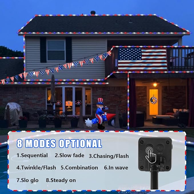 YEGUO 4th of July Decorations Red White and Blue Lights, 2 Packs Each 33ft 100 LED Solar Rope Light, 8 Modes Fairy Lights in Clear Thin Tube for Patriotic Independence Memorial Day Decor
