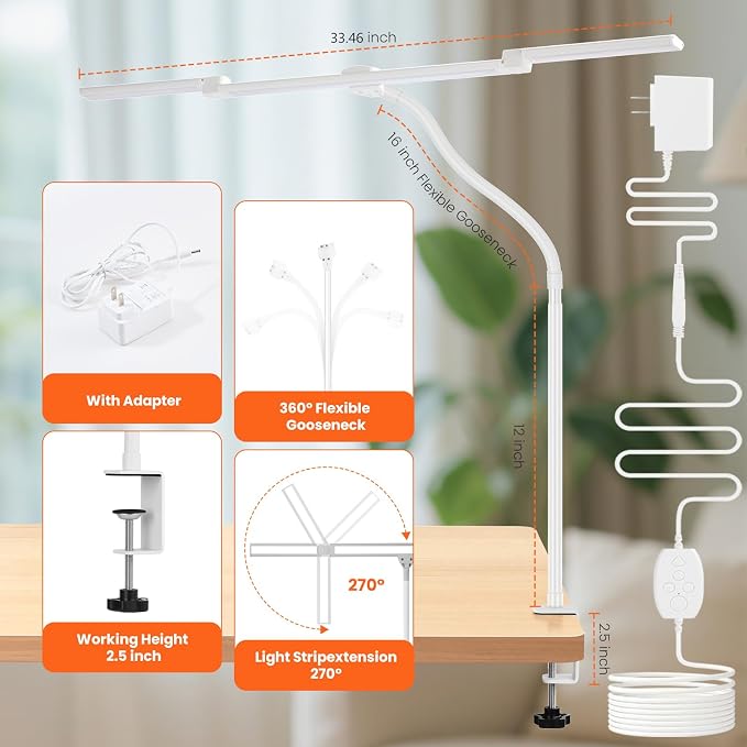 LED Desk Lamp for Office Home, 3 Light Bar Adjustable Desk Light with Clamp | Architect Table Lamp Computer Monitor Lighting, Stepless Dimming Eye-Caring Clip on Light for Workbench Reading Study White