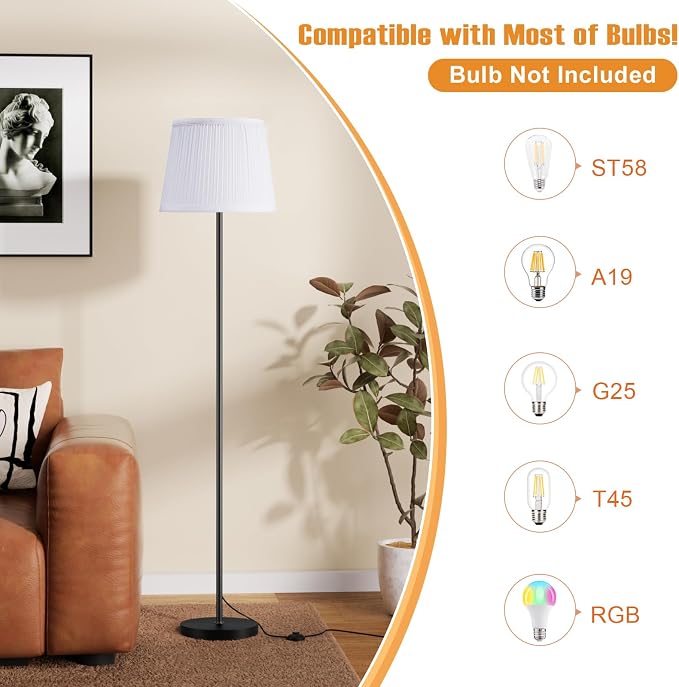 60'' Modern Floor Lamp with Shade, Tall Lamps for Living Room, Bedroom, Office, Dining Room, Pleated Fabric White Lampshade(Without Bulb)