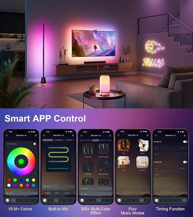 Ericlin 2PCS Smart RGB LED Corner Floor Lamp with App and Remote Control | 16 Million Colors & 68+ Scene, Music Sync, Timer Setting, Ideal Standing Lamp for Living Rooms, Bedrooms, Gaming Rooms