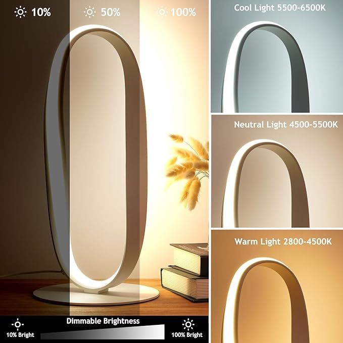 NUÜR Circle LED Table Lamp, 3 Color Temperatures Bedside Lamp for Living Room, Stepless Dimmable Bedside Table Lamp, White Unique Nightstand Lamp for Bedroom, Home, Office