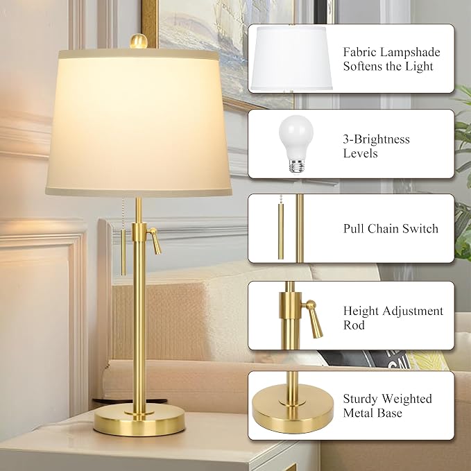Modern Gold table Lamp 22" to 30"Adjustable Height 3 Brightness Way Brass Nightstand with White Linen Shade Pull Chain Pole Lights for Living Room Guest Bedroom End Table Office(Bulb Included, Single)