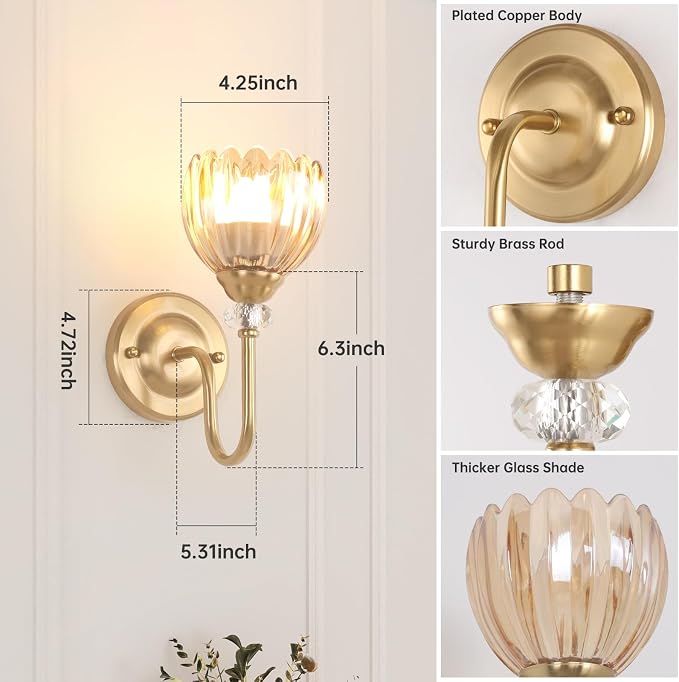 Set of 2 Vintage Battery Operated Wall Sconce, Rechargeable Wall Lamp with 5000mAh Battery & Remote Control, Dimmable Wall Lights with tulip shade for Bedroom Bathroom Living Room, (Tulip Amber Up)