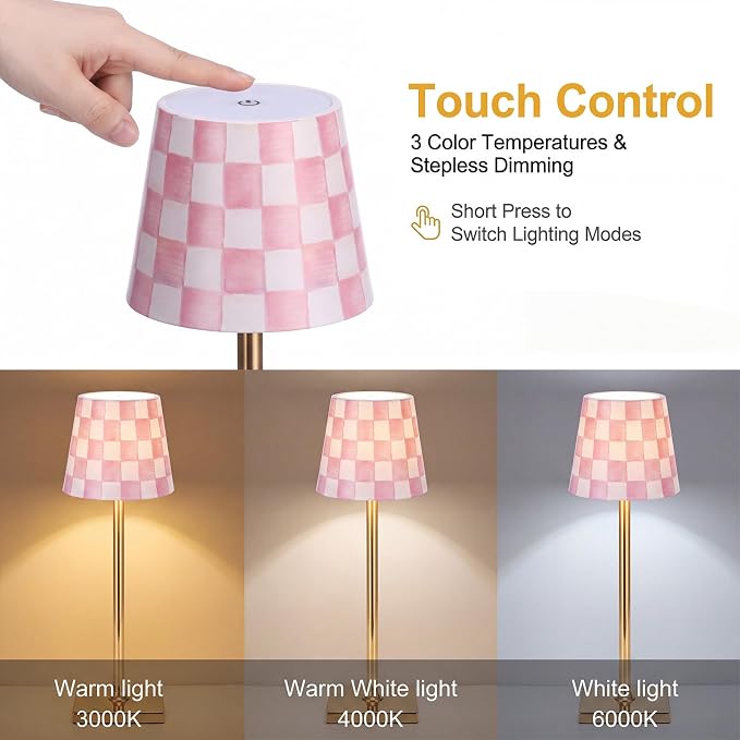Pickmesh 1 Pack Pink Checkered Mahjong Cordless Lamp Scalloped Edge Mahjong Print LED Lamp 3 Color Dimmable Rechargeable Stylish Lamps for Mah Jong Table Living Room Nightstand Desk