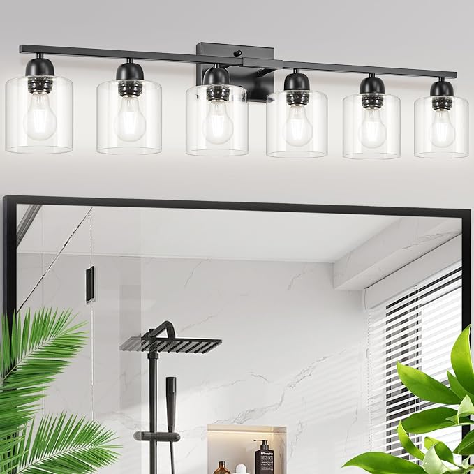 Black 6-Light Bath Vanity Lights for Mirror, Restroom Lights Fixtures with with Clear Glass Shades,Bathroom Over Sink Light Fixtures, Bathroom Light Fixtures Over Mirror