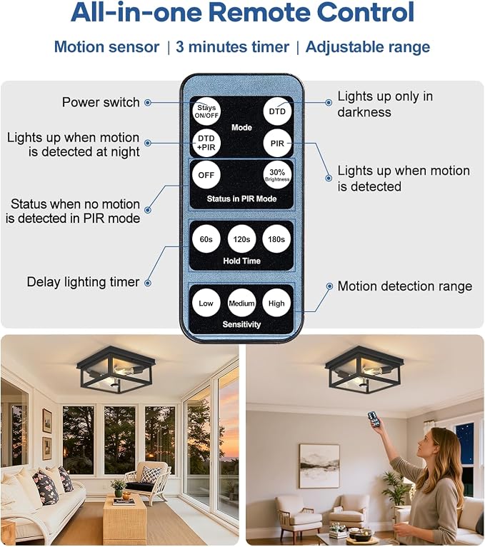 Motion Sensor Outdoor Ceiling Light with Remote, 10 Inch Matte Black Flush Mount Porch Light Fixture with United Glass Cover, 5 Modes Outside Flush Mount Light for Porch, Garage, Patio, Entryway