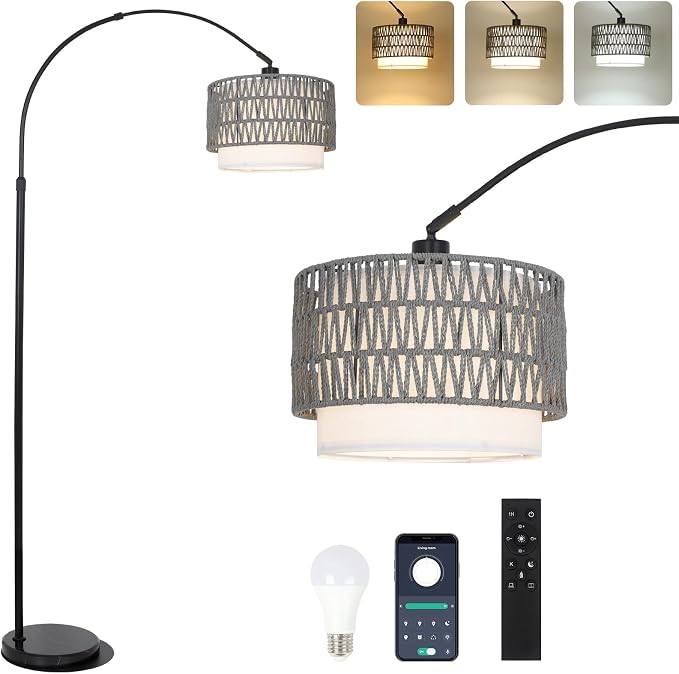 Boho Floor Lamps for Living Room, Arc Floor Lamp for bedroom with Remote and Dimmable Bulb, Over Couch Standing Lamp, Farmhouse Tall Lamp with 3 Color Temperatures, Height Adjustable Corner Floor Lamp