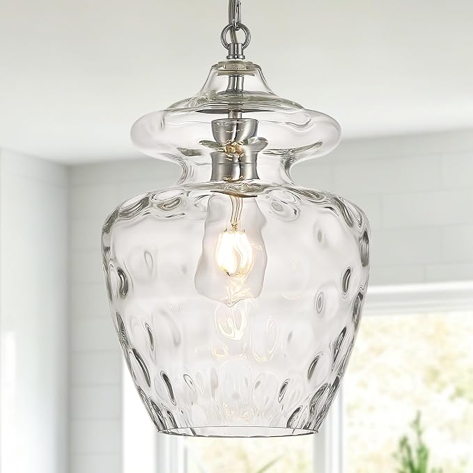 Chrome Hammered Glass Pendant Light for Kitchen Island, 9" Modern Hanging Lighting Fixture for Kitchen Sink Dining Room Entryway Hallway Bedroom, E26 Base