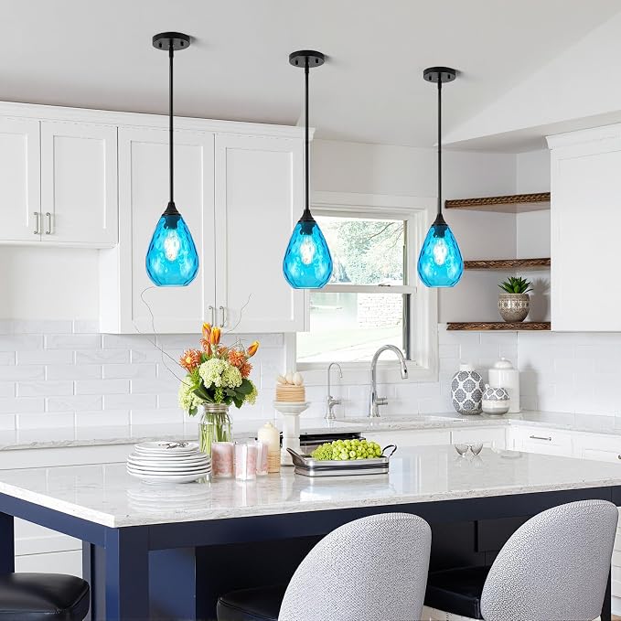 Black Pendant Lights Kitchen Island 2 Pack, Modern Blue Glass Pendant Light Fixtures with Hammered Glass and Rods, Adjustable Small Hanging Light for Kitchen Sink Dining Room Bathroom