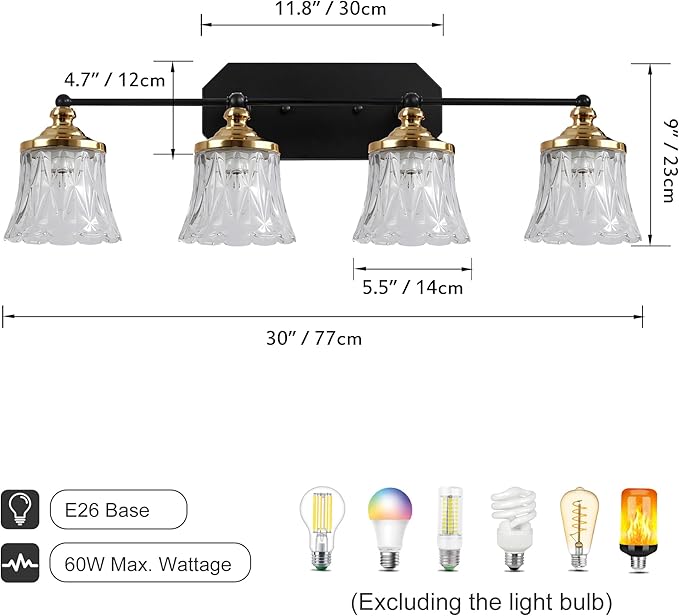 Vintage Bathroom Vanity Light Fixtures, Black and Gold 4-Light Vanity Light, Antique Bathroom Lighting Fixtures Over Mirror with Crystal Glass Shade, Vanity Lights for Bedroom Living Room Hallway