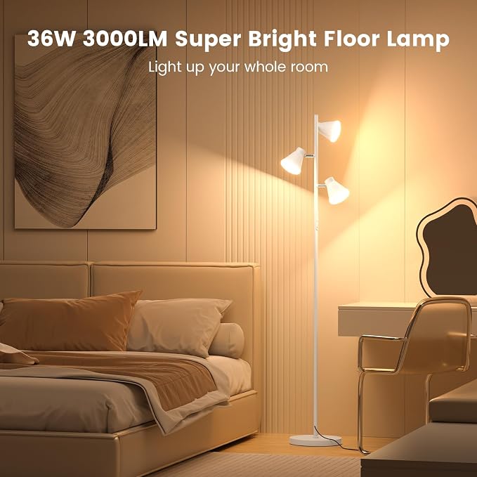 36W LED Tree Floor Lamp, Dimmable Tall Standing Lamp with Remote & Touch Control, 4 Color Temperatures Bright Floor Lamp, 3 Rotatable Light Modern Floor Lamps