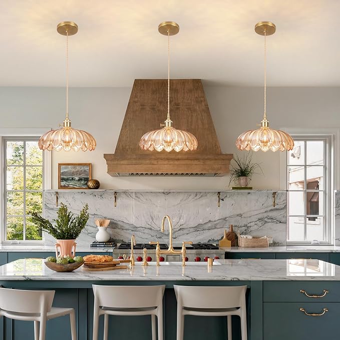 Pendant Lights Kitchen Island,Amber Glass Vintage Light Fixtures,9.8inch E26 Adjustable Hanging Light Flower Finish Ceiling Hanging Lamp for Bedroom Living Room Hallway 1 Light