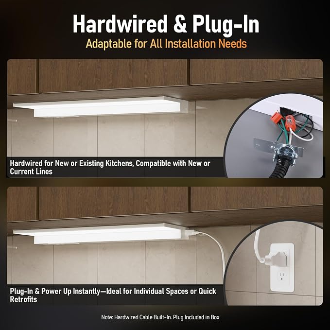 TORCHSTAR 2-Pack Ultra-Slim LED Under Cabinet Lighting Fits 18" Cabinets | 5CCT, Hardwired & Plug-in, 12W 900LM, 120V CRI90 Linkable Dimmable Thin Under Counter Lights for Kitchen, ETL T24, White