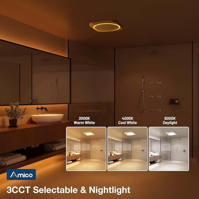 Amico Bathroom Exhaust Fan with Light, 80 CFM, 1.0 Sones, 3CCT & Nightlight | Ceiling Opening 7.6'' x 7.3'', Retrofit Ventilation Fan with 1400LM 18W LED Light, 3000K/4000K/5000K, Remote, FCC Certified