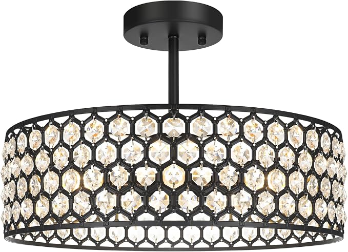Lxybcce Black Crystal Ceiling Light Fixture - Modern Semi Flush Mount Ceiling Chandelier Lighting for Kitchen, Dazzling Prism Chandelier for Bedroom, Bathroom, Dining Room, 5 Light, 16 in