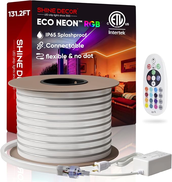 LED RGB Neon Rope Lights AC 120V, Expandable & Cuttable Bright Strip Lighting with Remote, Dimmable Color Changing, ETL Cold-Resistant & IP65 Waterproof for in&Outdoor, 10x20mm, 131.2FT