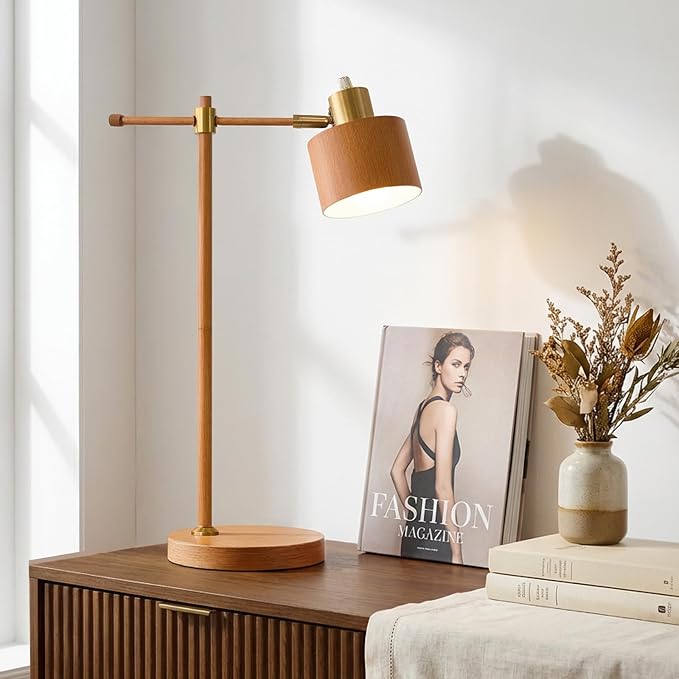 22.2" Mid Century Desk Lamp, Modern Metal Table Lamp with LED Bulb, Adjustable Reading Lamps, Industrial Task Lamp for Home Office, Farmhouse Bedside Lamps with Solid Base, Woodgrain