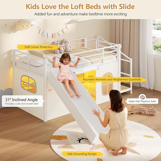DICTAC Low Loft Bed with Slide,Storage Stairway and Led Lights Metal Twin Size Loft Bed with Under-Bed Play Space,Art Table & Play Curtain Twin Beds with 2 Drawers and 13.8''H Safety Guardrail,White