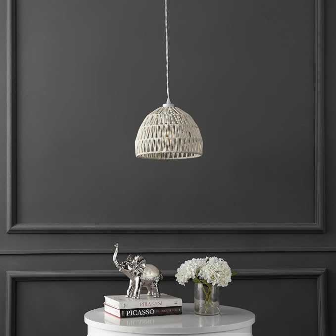 JONATHAN Y Campana 1-Light Pendant Dome Ceiling Lamp, 10.25", Cream | Modern Coastal Farmhouse Decor, Adjustable Height, Woven Rope Metal Frame, LED Bulb Included, UL Listed