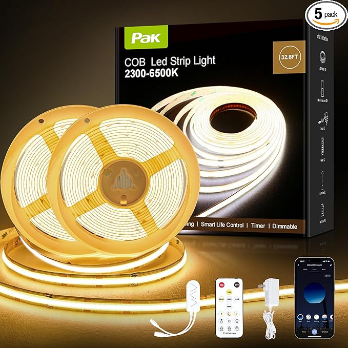 COB LED Strip Lights 32.8ft, Dimmable White CCT Tunable 2300K-6500K, DC 24V High Lumen Cuttable LED Tape Light, 6080 LED 48W CRI 90, APP Remote Control, Music Mode, For Home DIY, Living Room, Bedroom