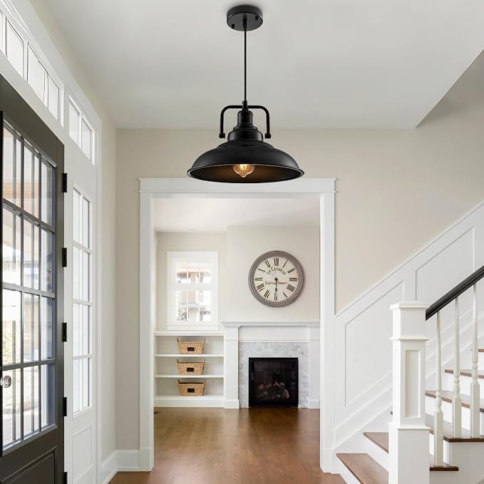 Black Pendant Light 12.5 inches 1 Pack, Farmhouse Pendant Light, Industrial Pendant Lighting, Kitchen Pendant Lights, Pendant Lights Kitchen Island for Dinning Room Entryway Barn