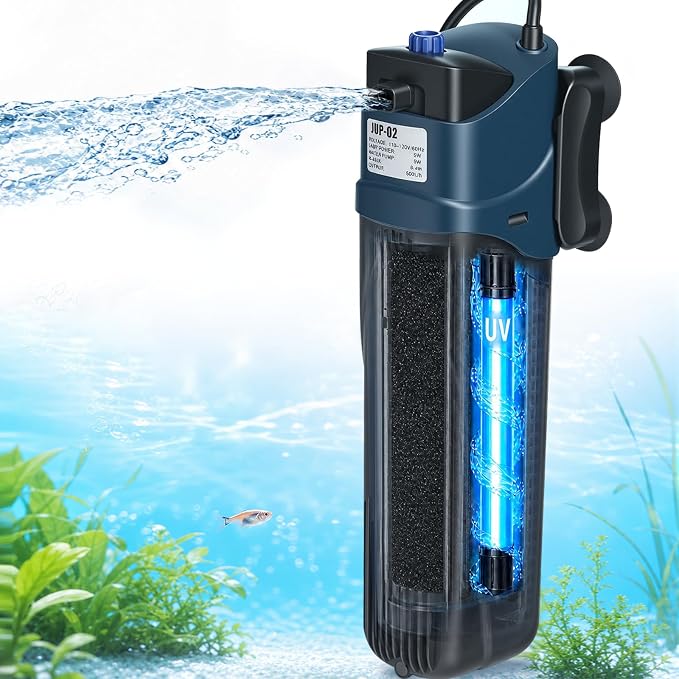 COOSPIDER Aquarium Filter with 5W U-V Light JUP-02 132GPH for 20-60 Gallon | Submersible Fish Tank Filter with 5W Water Pump for Green Clean, Turtle Tank, Oxygen Supply, Deodorization, Water Cycle