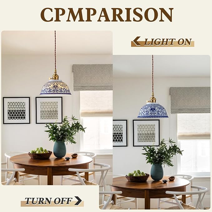 7in Ceramic Pendant Light, Chinese Blue and White Porcelain Pendant Light fixtures, Bedside Light, Hanging lamp for Kitchen Island Light Fixture, Home Bedroom Dining Room Ceiling Hanging Light small