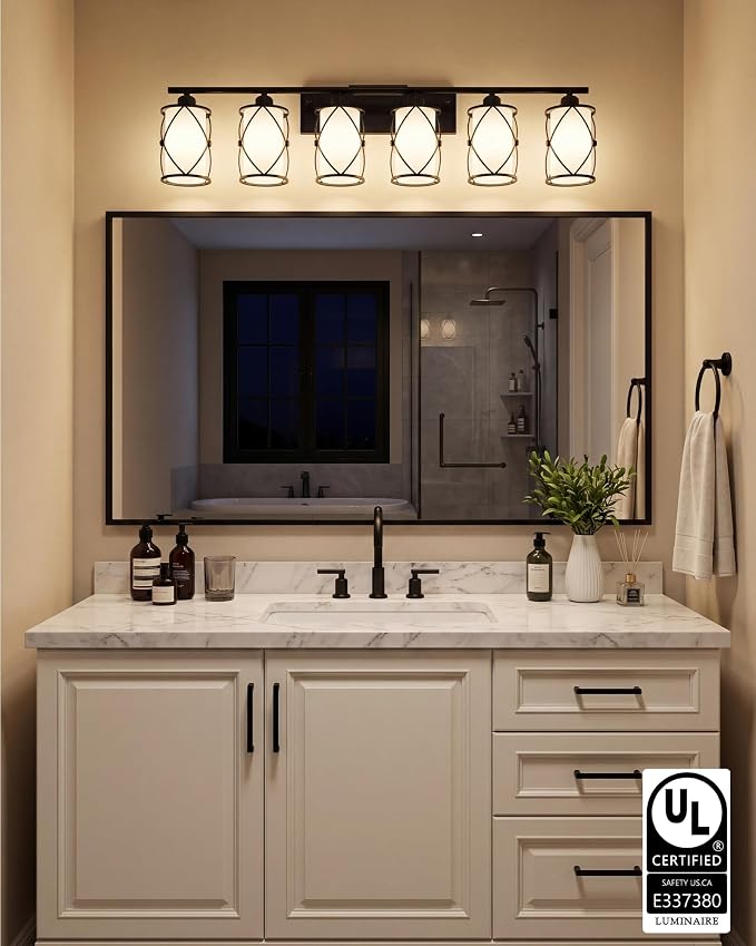 6-Light Matte Black Bathroom Light Fixtures Over Mirror, 42" UL-Listed Modern Farmhouse Wall Sconce Lights with Milk White Frosted Glass and Metal Cage for Bath, Hardwire E26, CH9176BKW-6W