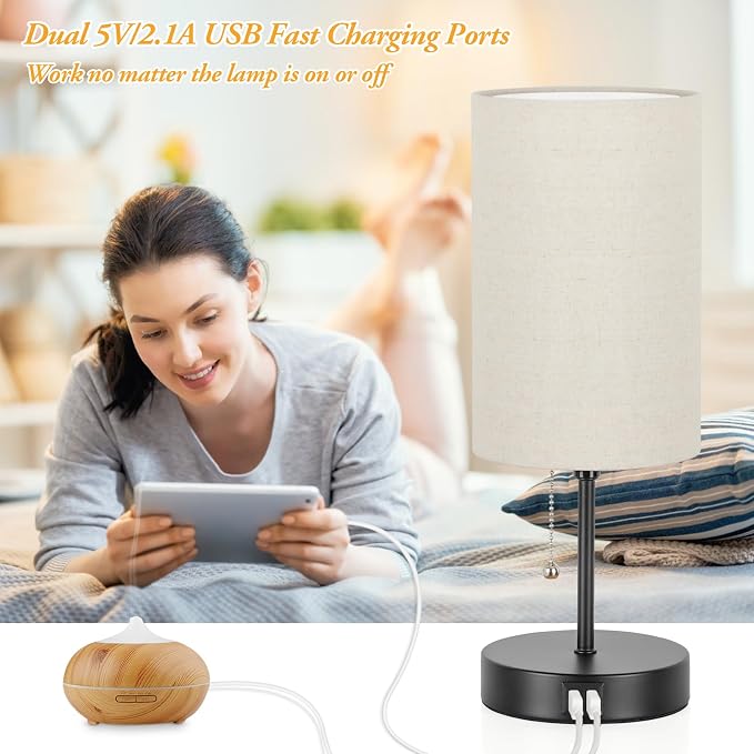 2 Sets Table Lamps with 2 USB, Minimalist Beside lamps for Bedroom, Nightstand Lamps with Pull Chain, Desk Lamps with Cream Fabric Shade and Black Metal Base for Living Room, Home Office Reading Hotel