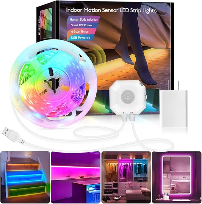 Daymeet Motion Sensor LED Strip Lights, 16.4ft RGB Motion Activated Under Bed Lights with Automatic Shut Off Timer App Control Cabinet Night Light Closet Lights for Hallway, Kitchen,Bedroom