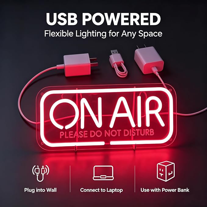 On Air Neon Sign - 5V USB power supply, low power consumption for Wall Decor, Podcast Decor, Video live, game live，LED Neon Signs, Wall Decor (Red)