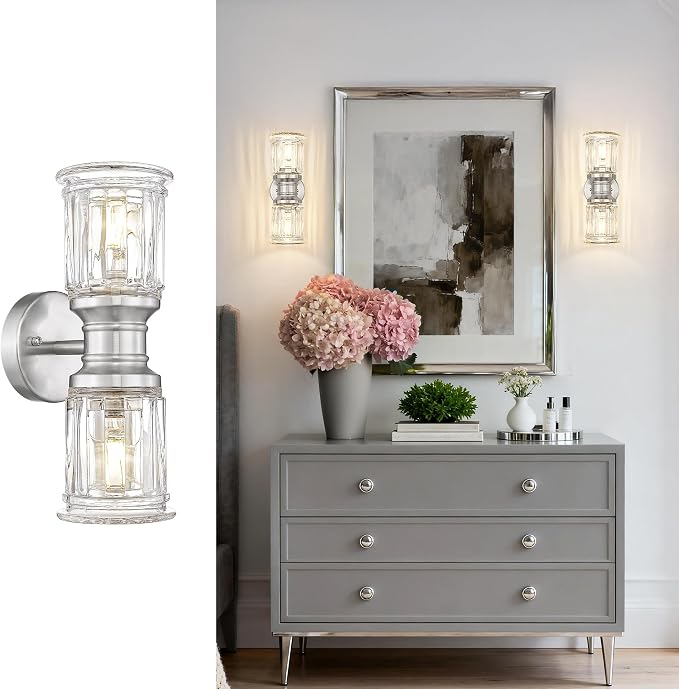 Bathroom Wall Sconces, HWH Brushed Nickel Wall Lighting for Bedroom, 2-Light Bathroom Light Fixtures with Bell-Shaped Clear Glass, Brushed Nickel Finish, 5HZG106B-2W BN