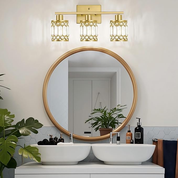 Crystal Modern Bathroom Light Fixtures, 3-Light Brushed Gold Bathroom Vanity Wall Light, Vanity Lights for Mirror, Restroom, Bedroom (E26 Socket, Bulbs Not Included)